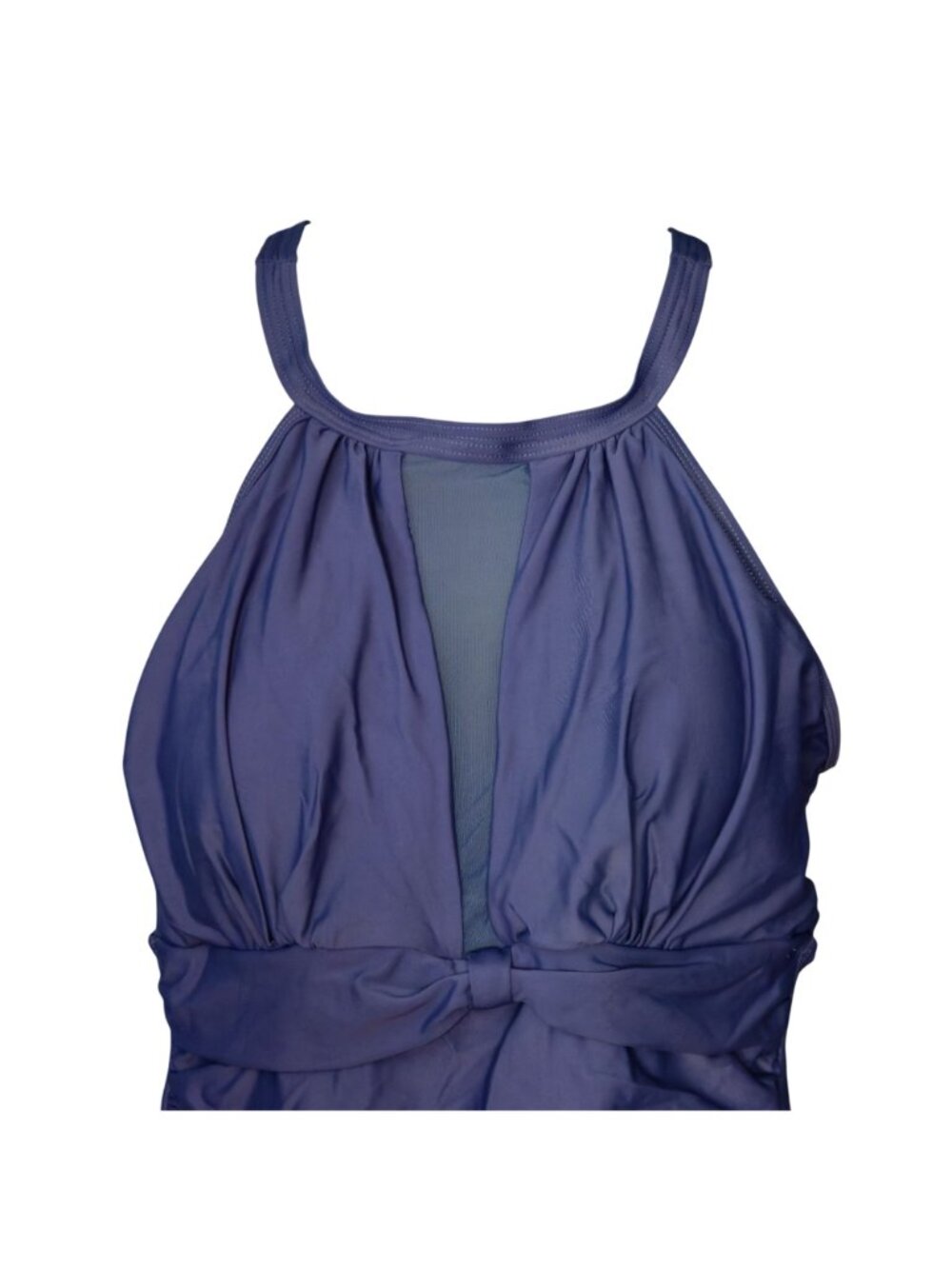 One Piece Swimsuit L Navy Halter Sheer Panels Keyhole Ruched Tummy Control - Picture 2 of 9